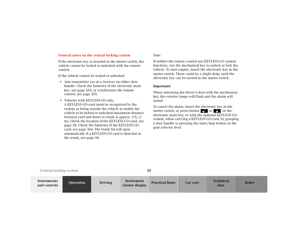 General notes on the central locking system, General notes on the, Central locking system | Mercedes-Benz 2001 CL 600 User Manual | Page 36 / 424