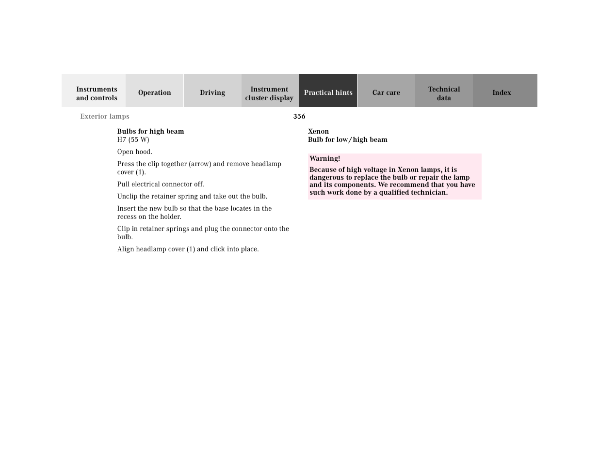 Bulbs for high beam | Mercedes-Benz 2001 CL 600 User Manual | Page 362 / 424