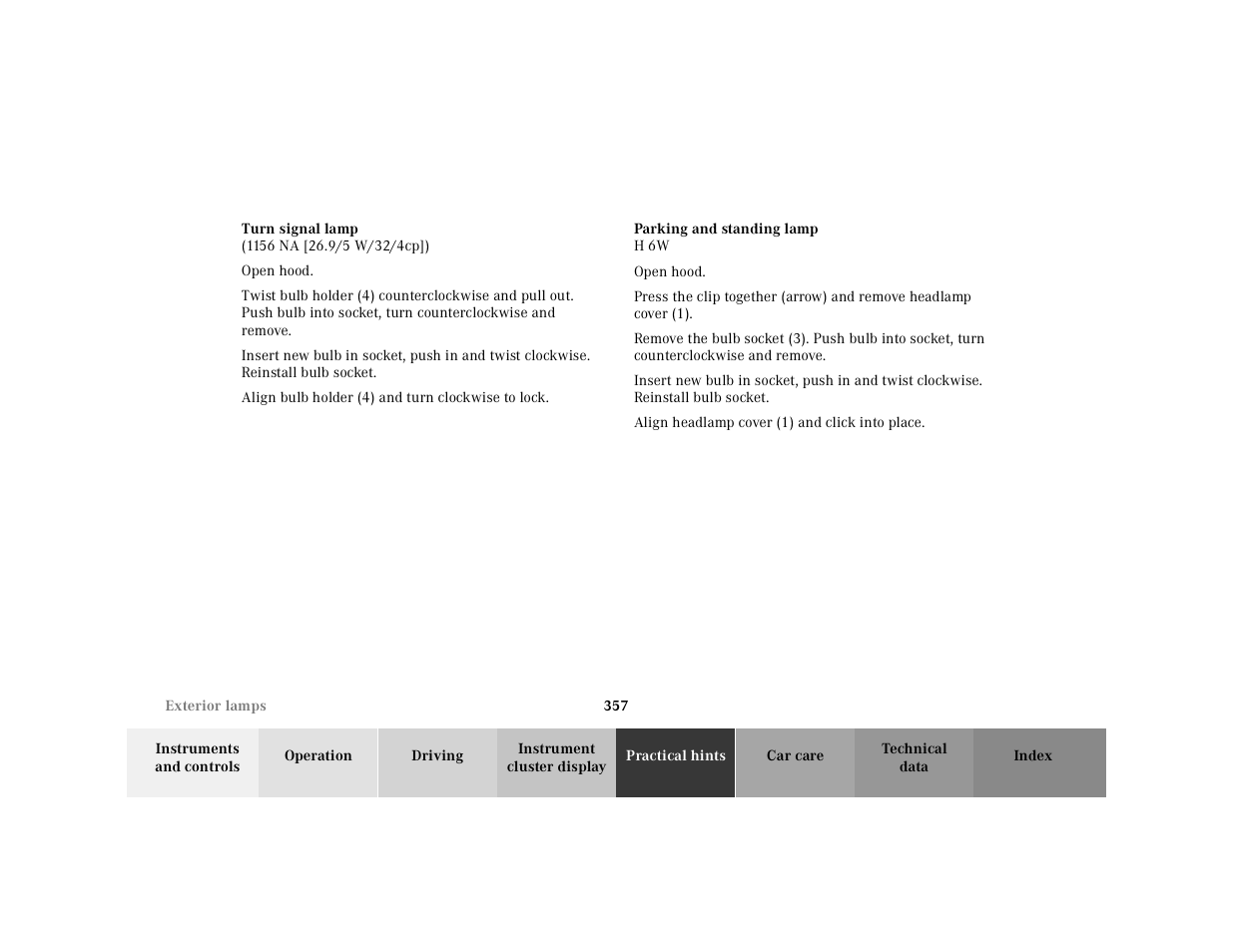 Turn signal lamp, Exterior lamps:parking lamps | Mercedes-Benz 2001 CL 600 User Manual | Page 363 / 424