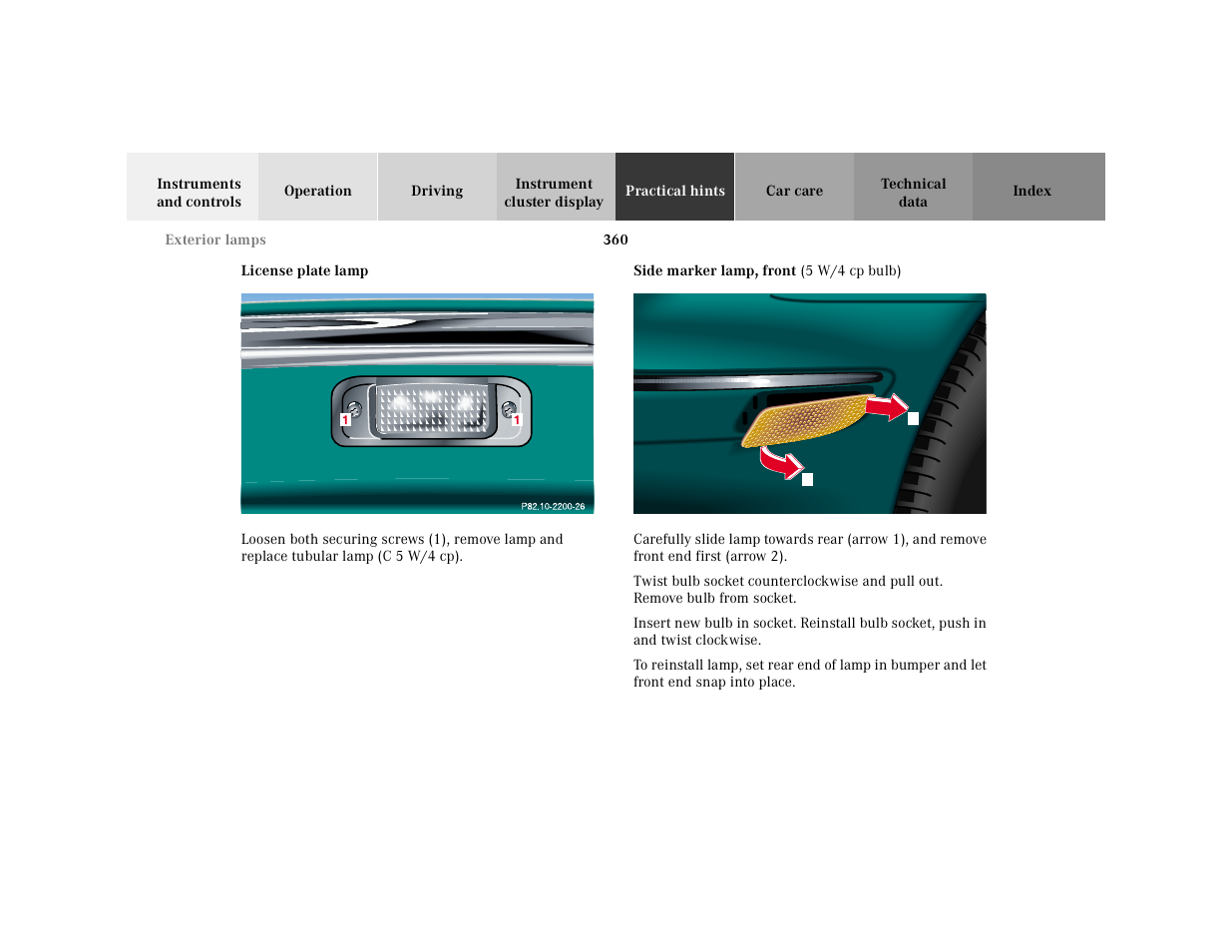 P82.10-2200-26, Exterior lamps:side marker lamp, front | Mercedes-Benz 2001 CL 600 User Manual | Page 366 / 424