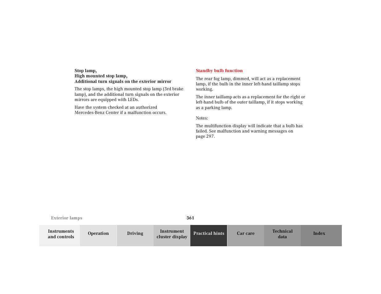 Standby bulb function | Mercedes-Benz 2001 CL 600 User Manual | Page 367 / 424