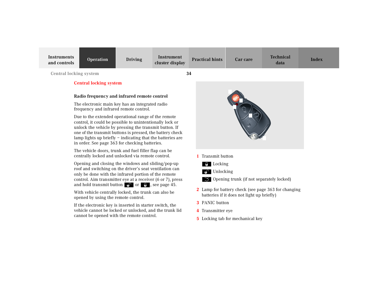 Central locking system, Radio frequency and infrared remote control | Mercedes-Benz 2001 CL 600 User Manual | Page 37 / 424