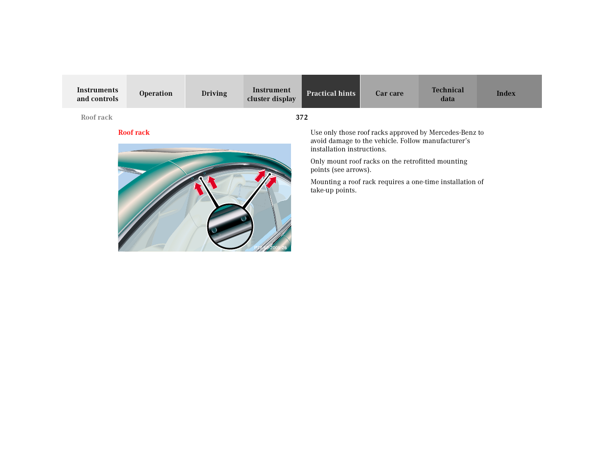 Roof rack | Mercedes-Benz 2001 CL 600 User Manual | Page 378 / 424