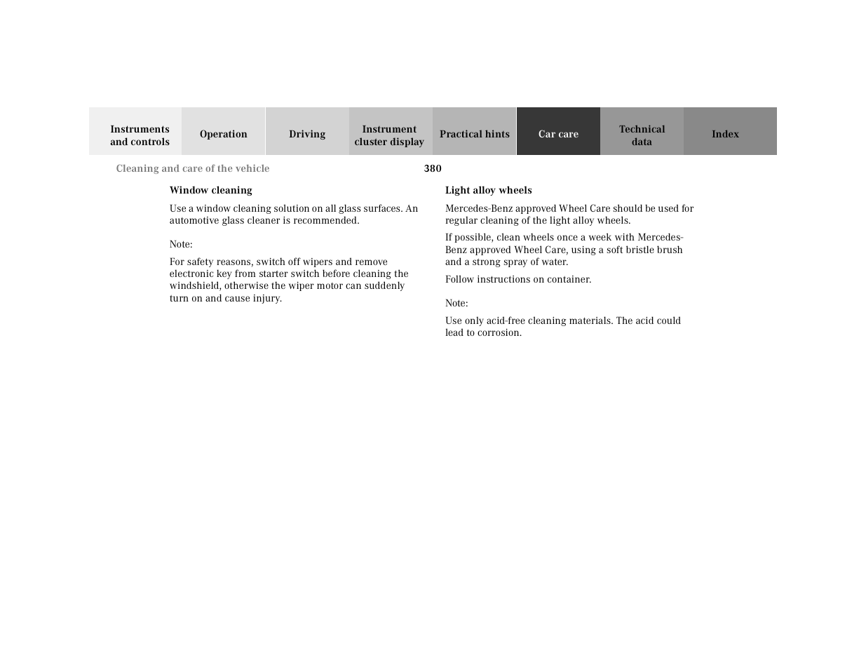 Window cleaning, Light alloy wheels | Mercedes-Benz 2001 CL 600 User Manual | Page 386 / 424