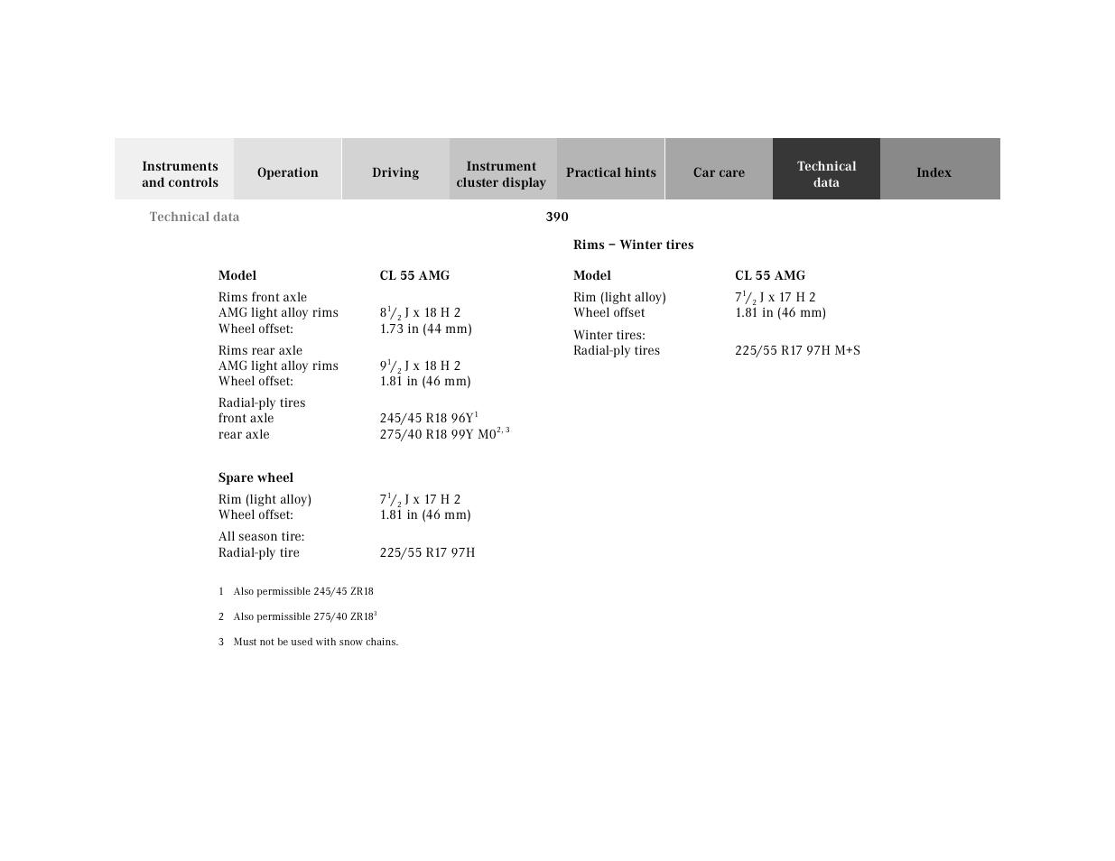 Rims – winter tires | Mercedes-Benz 2001 CL 600 User Manual | Page 396 / 424