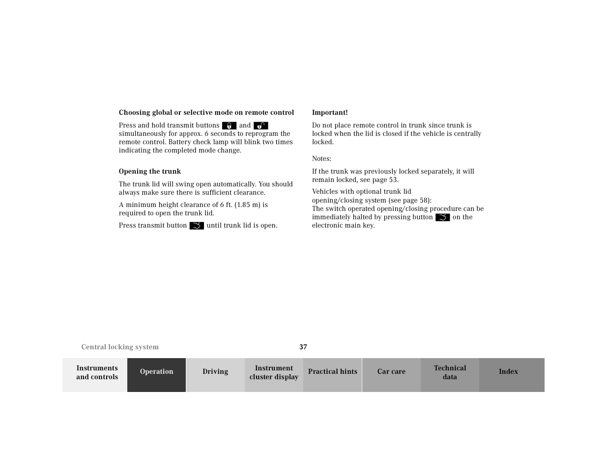 Trunk:opening | Mercedes-Benz 2001 CL 600 User Manual | Page 40 / 424