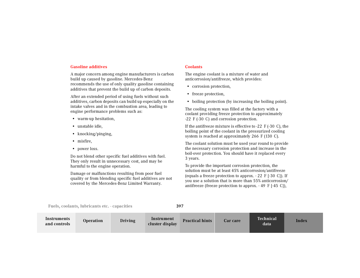 Gasoline additives, Coolants, Gasoline additives coolants | Mercedes-Benz 2001 CL 600 User Manual | Page 403 / 424