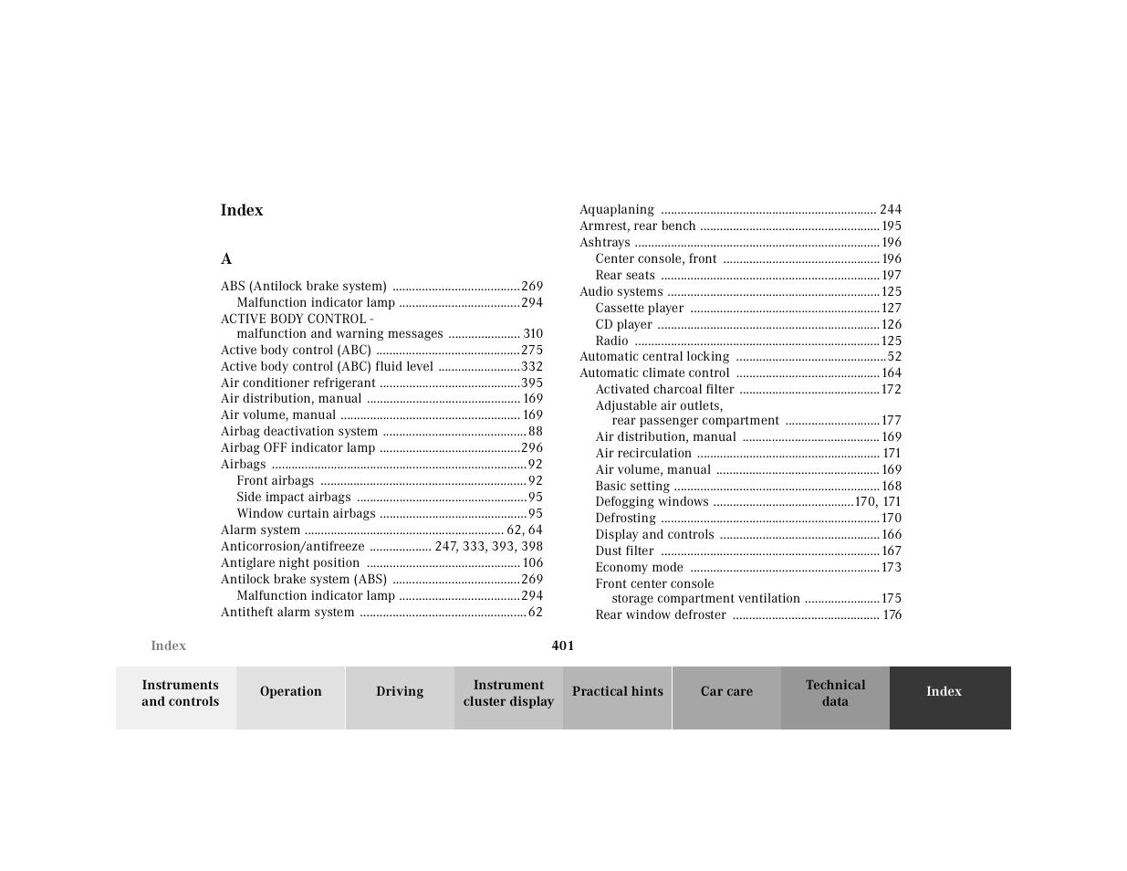Index | Mercedes-Benz 2001 CL 600 User Manual | Page 407 / 424