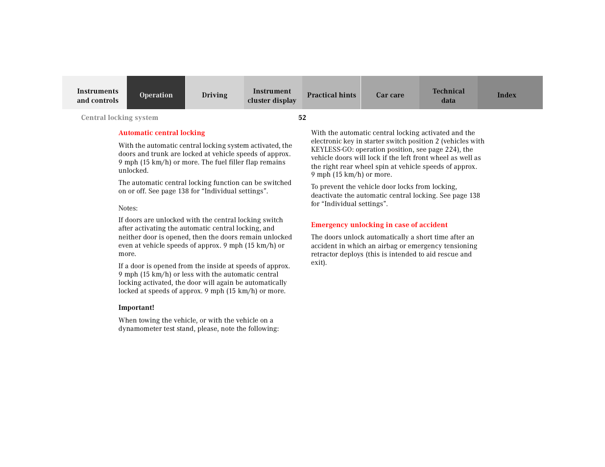 Automatic central locking, Emergency unlocking in case of accident, Automatic central locking emergency unlocking | In case of accident | Mercedes-Benz 2001 CL 600 User Manual | Page 55 / 424