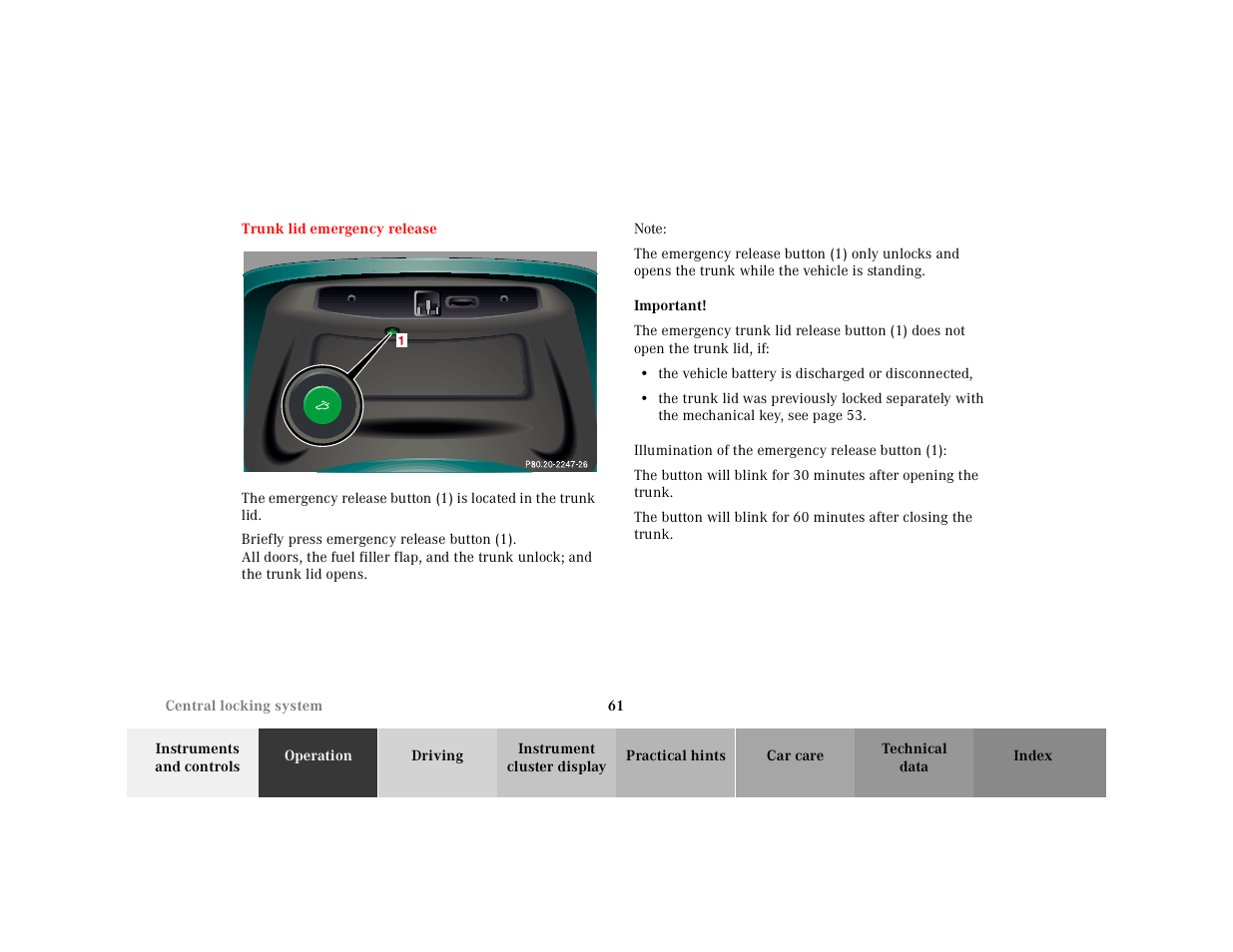 Trunk lid emergency release | Mercedes-Benz 2001 CL 600 User Manual | Page 64 / 424