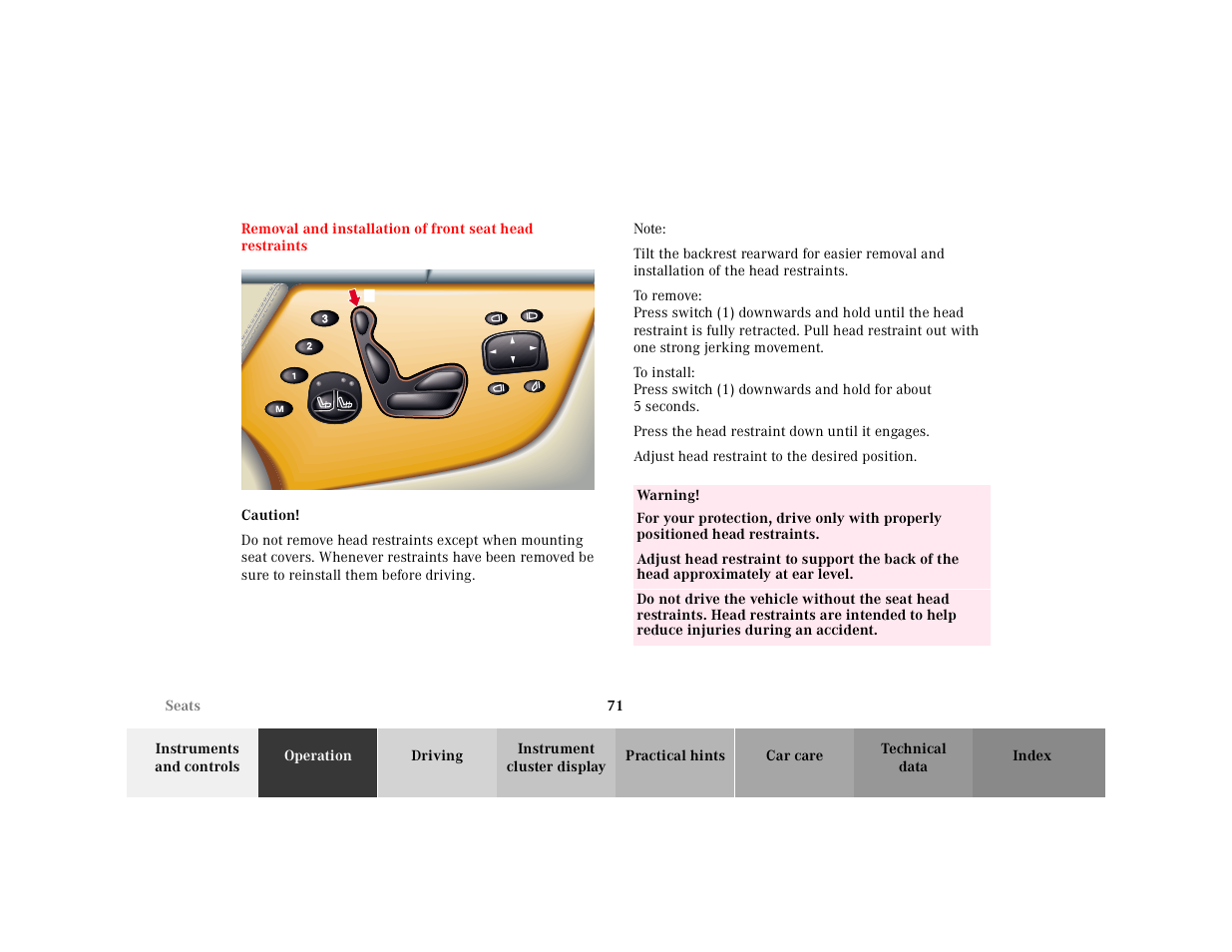 Removal and installation, Of front seat head restraints | Mercedes-Benz 2001 CL 600 User Manual | Page 74 / 424