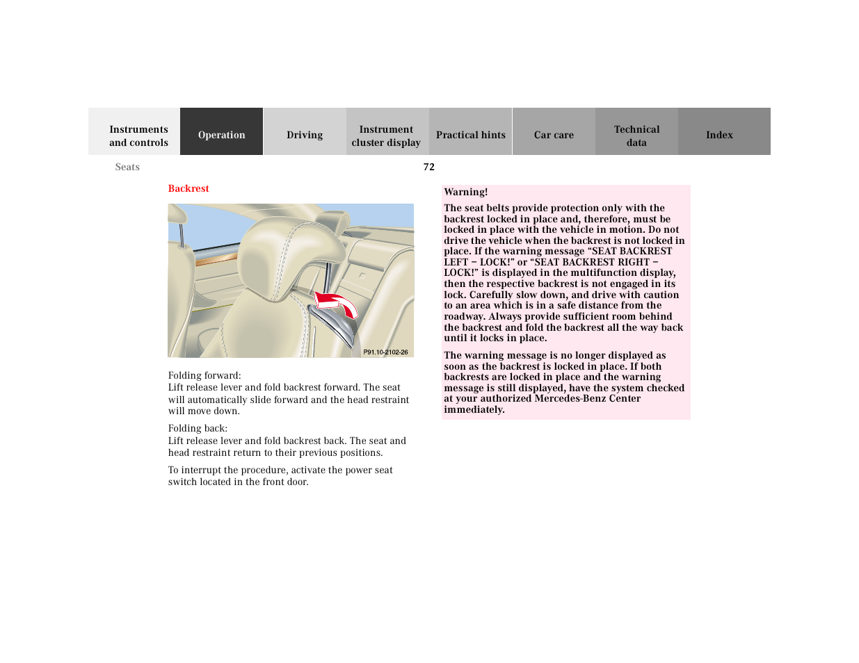 Backrest | Mercedes-Benz 2001 CL 600 User Manual | Page 75 / 424