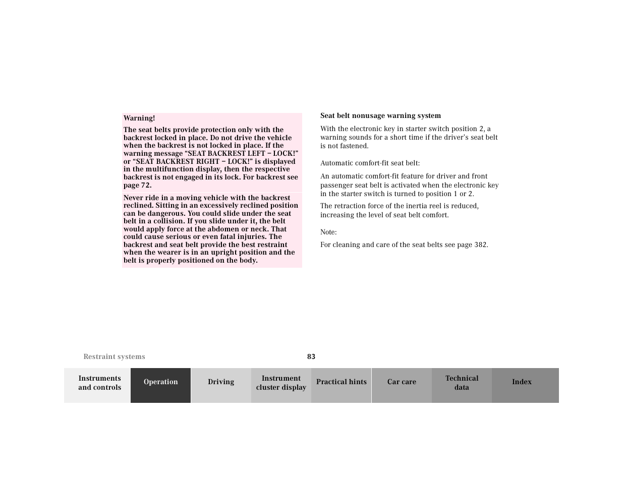 Seat belt nonusage warning system | Mercedes-Benz 2001 CL 600 User Manual | Page 86 / 424