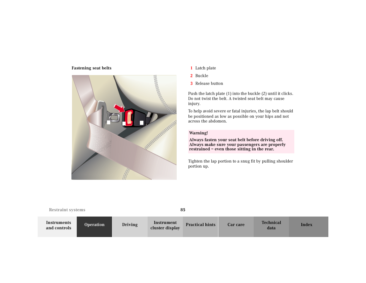 Seat belts:fastening | Mercedes-Benz 2001 CL 600 User Manual | Page 88 / 424