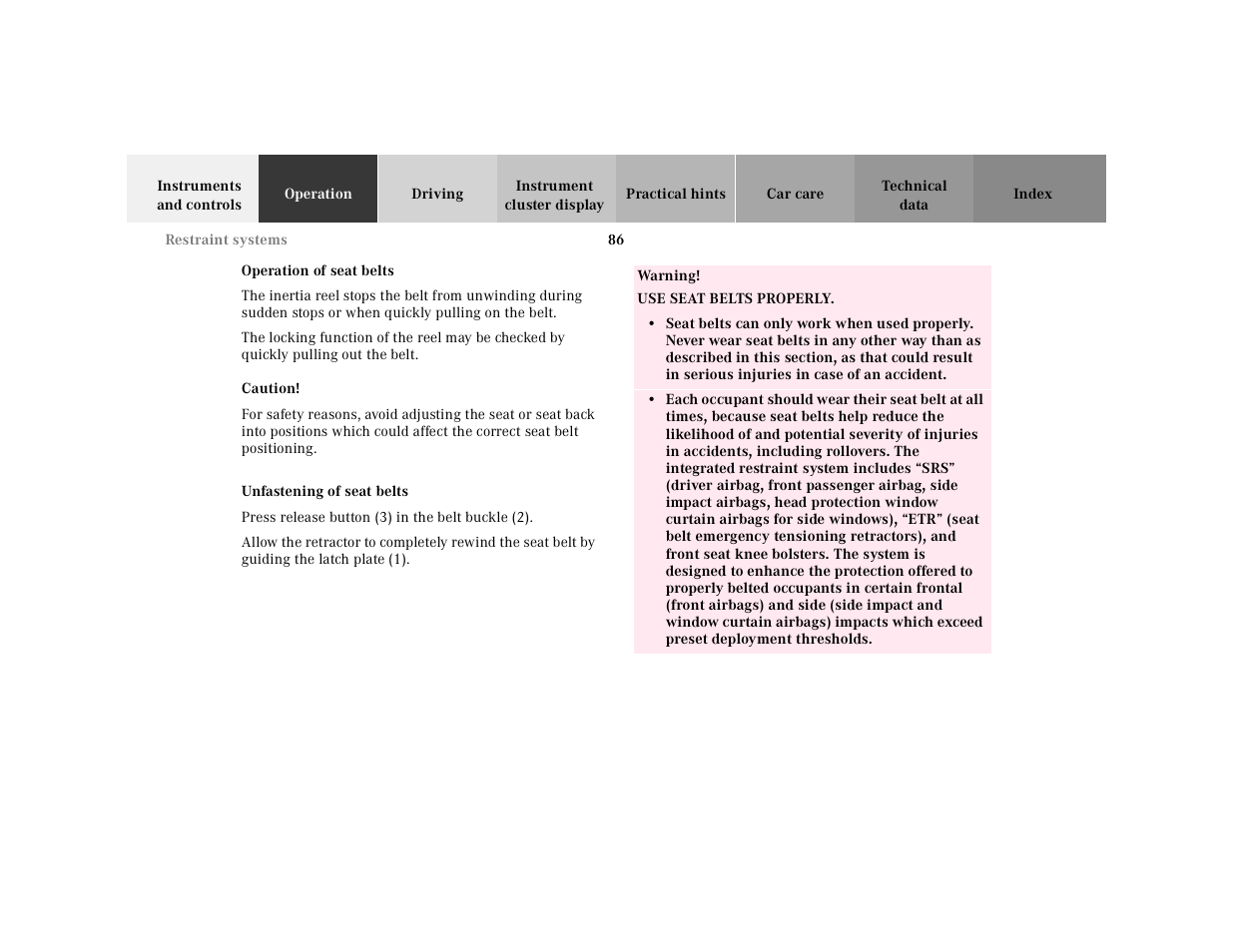 Seat belts:unfastening | Mercedes-Benz 2001 CL 600 User Manual | Page 89 / 424