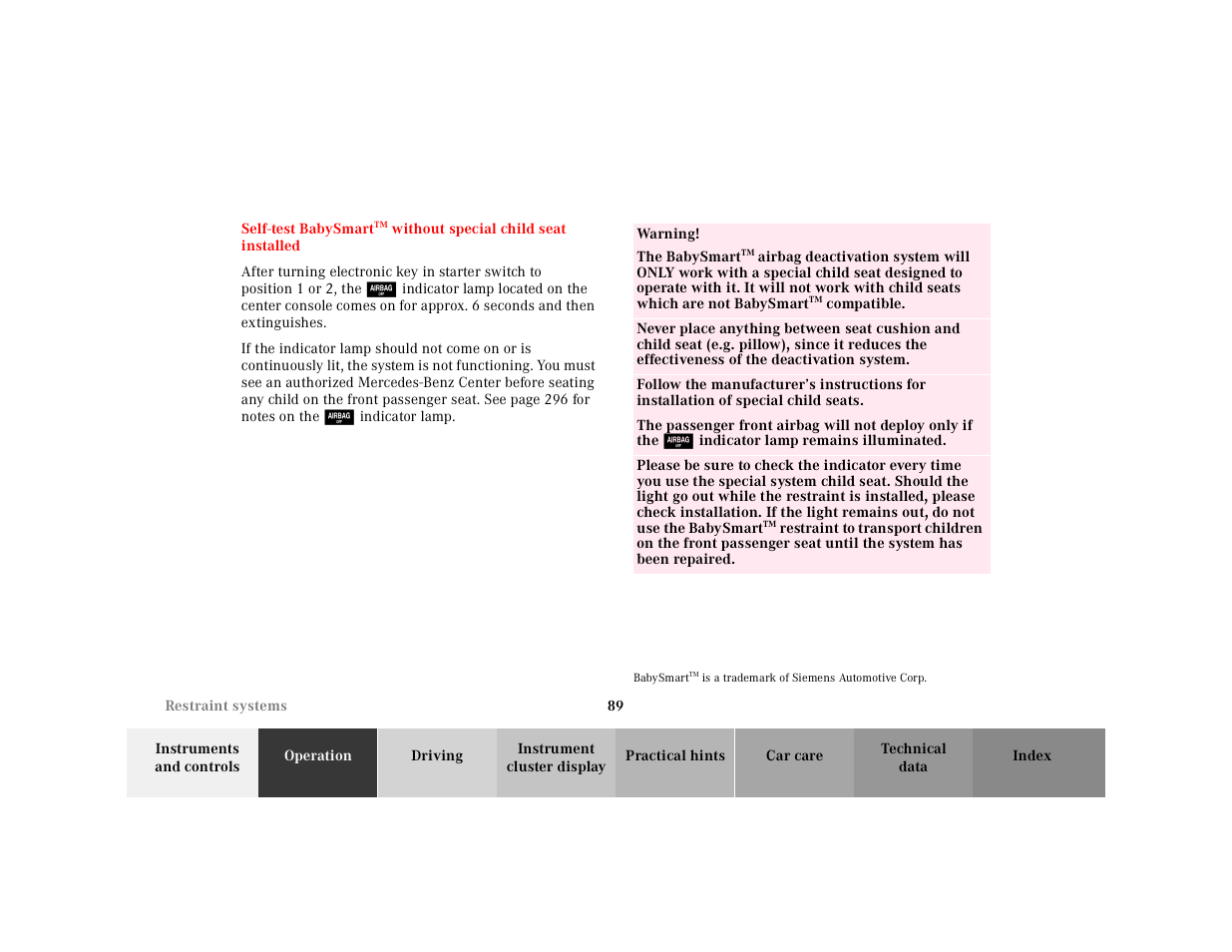 Self-test babysmart | Mercedes-Benz 2001 CL 600 User Manual | Page 92 / 424