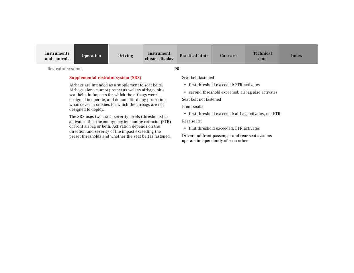 Supplemental restraint system (srs), Supplemental restraint, System (srs) | Mercedes-Benz 2001 CL 600 User Manual | Page 93 / 424