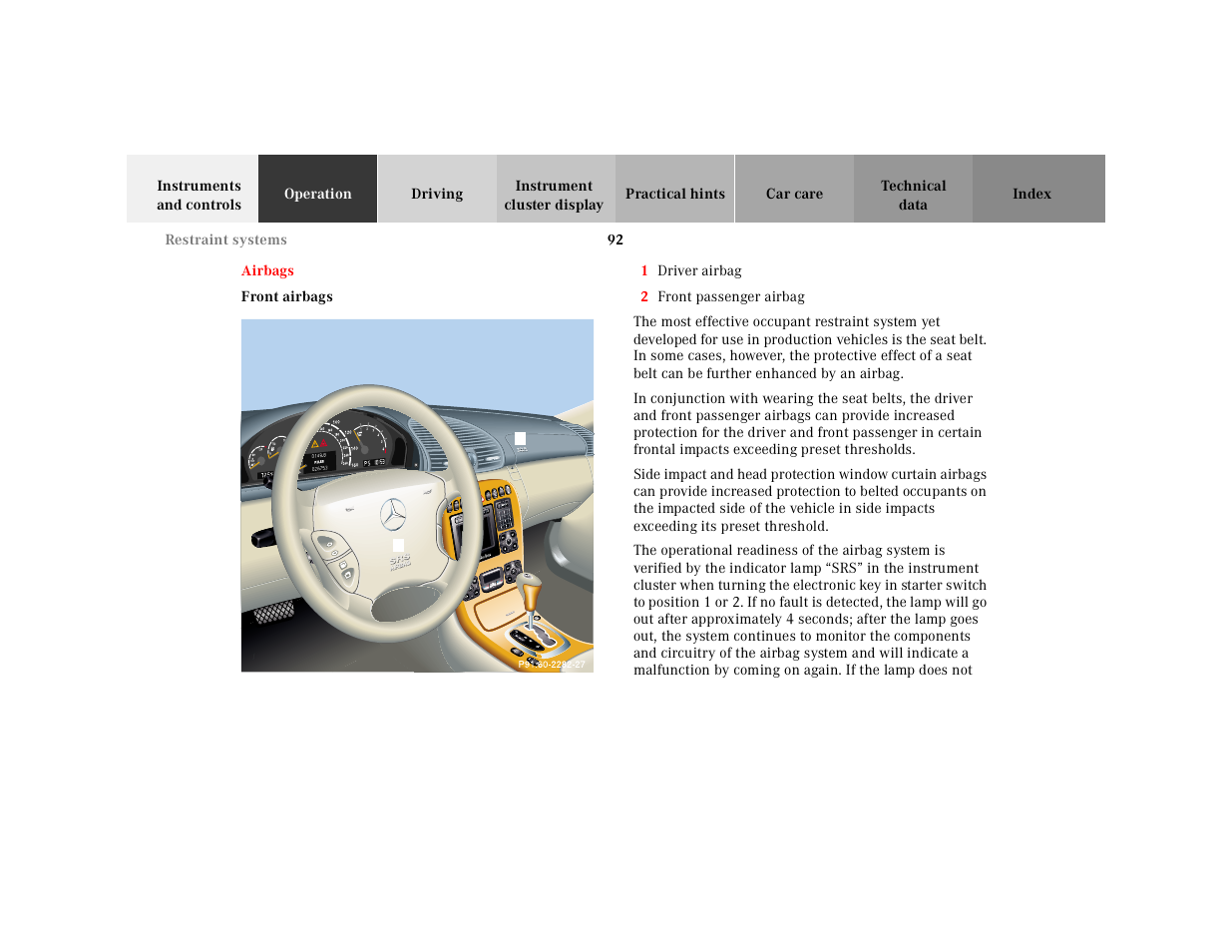 Airbags, Airbags:front airbags, Interior | Mercedes-Benz 2001 CL 600 User Manual | Page 95 / 424