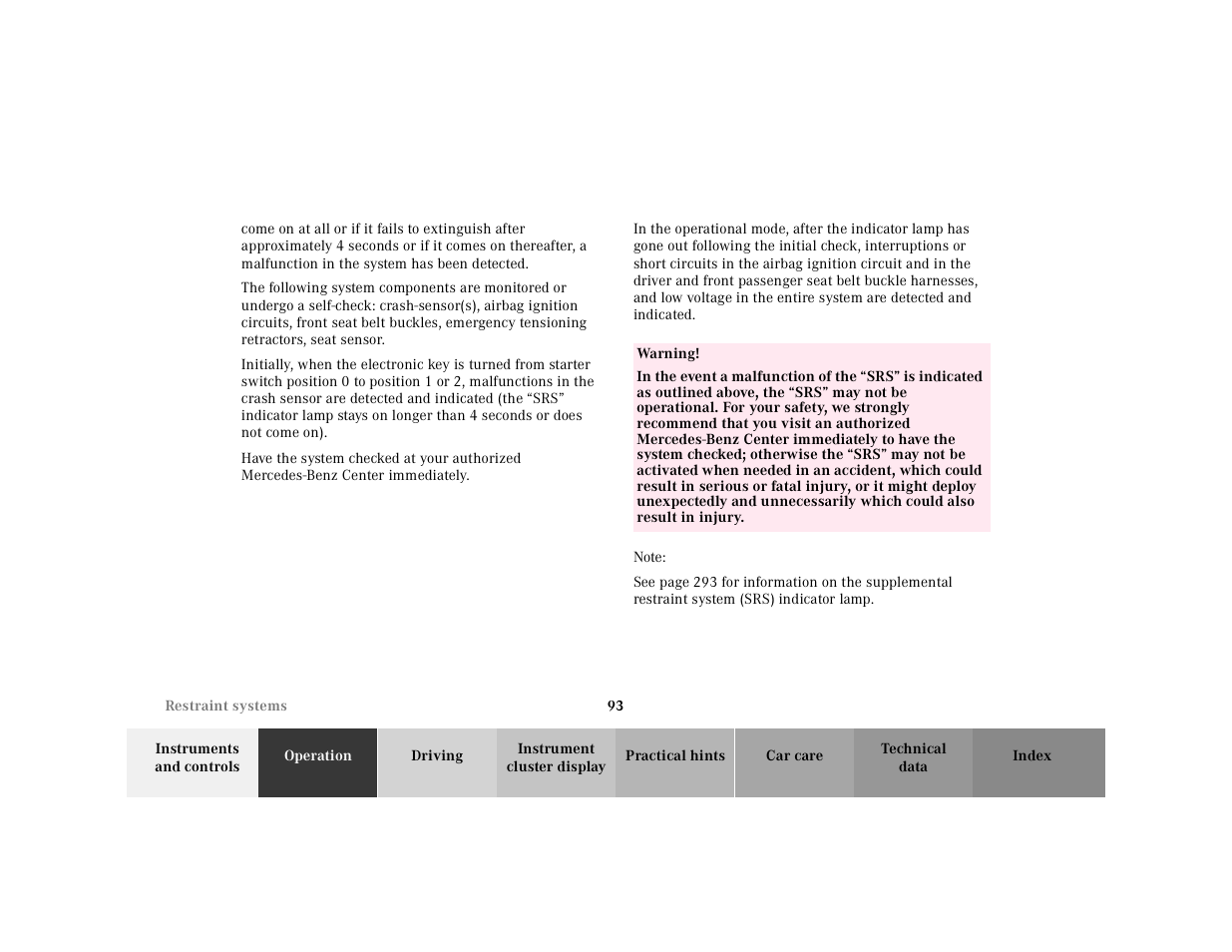 Mercedes-Benz 2001 CL 600 User Manual | Page 96 / 424
