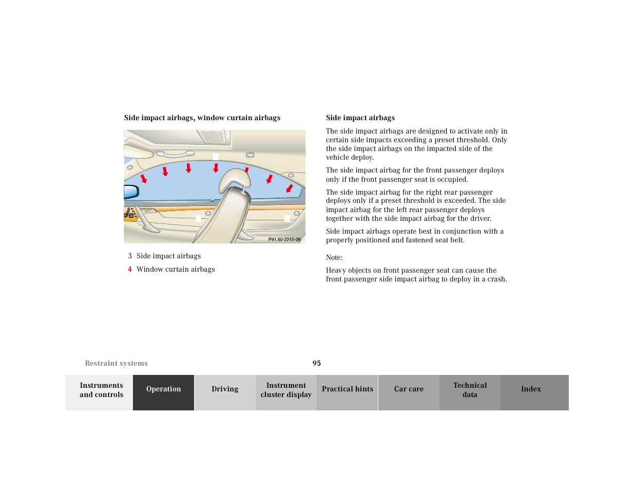 Airbags:side impact airbags, Side impact airbags | Mercedes-Benz 2001 CL 600 User Manual | Page 98 / 424