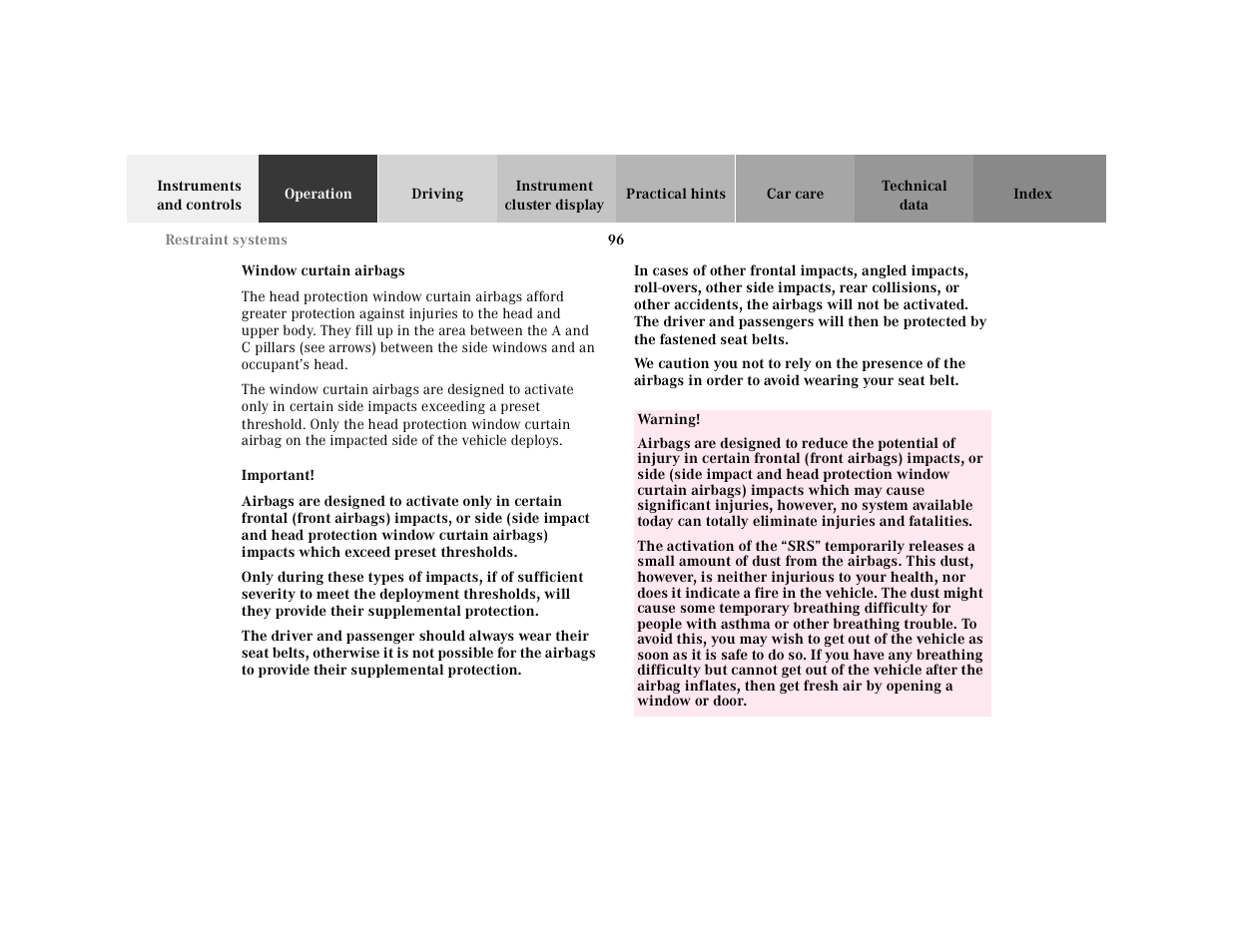 Window curtain airbags | Mercedes-Benz 2001 CL 600 User Manual | Page 99 / 424