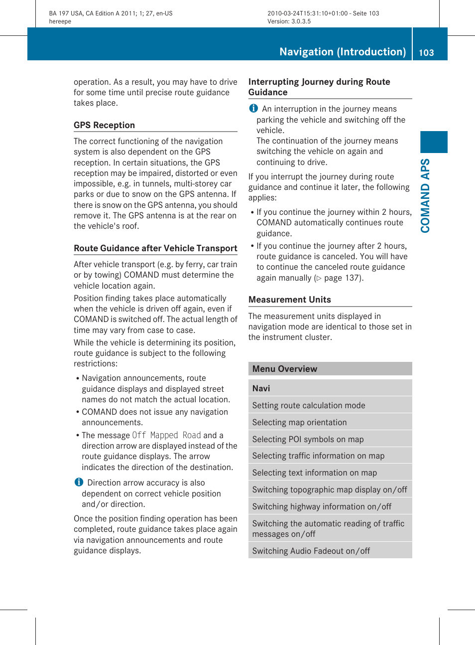 Menu overview, Comand aps, Navigation (introduction) | Mercedes-Benz 2011 SLS AMG User Manual | Page 105 / 436