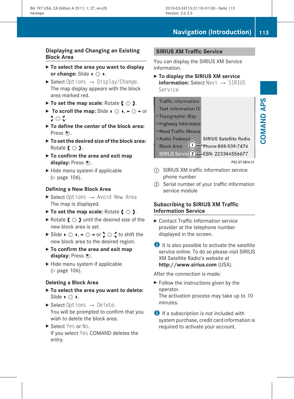 Sirius xm traffic service, Comand aps, Navigation (introduction) | Mercedes-Benz 2011 SLS AMG User Manual | Page 115 / 436