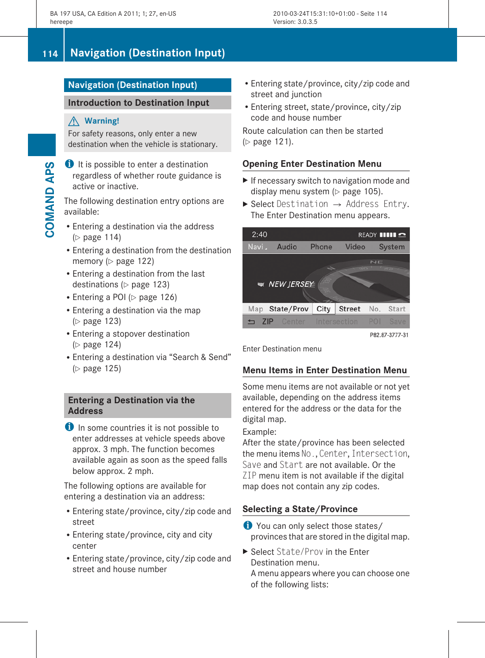 Navigation (destination input), Introduction to destination input, Entering a destination via the address | Comand aps | Mercedes-Benz 2011 SLS AMG User Manual | Page 116 / 436