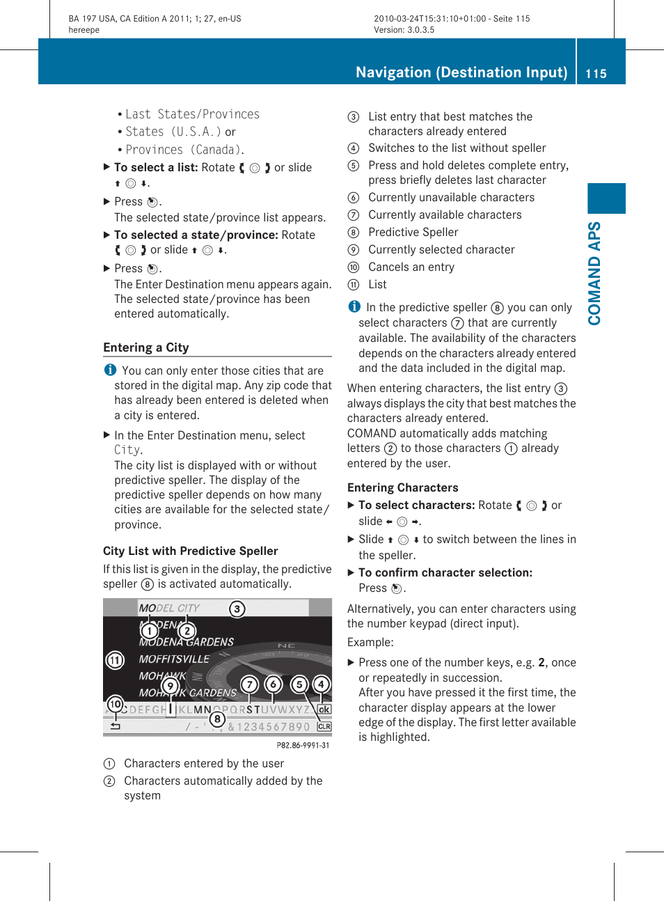 Comand aps, Navigation (destination input) | Mercedes-Benz 2011 SLS AMG User Manual | Page 117 / 436