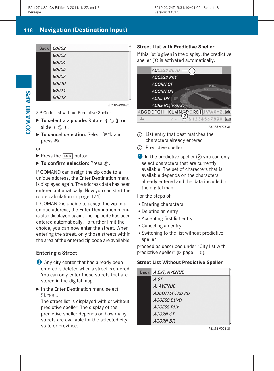 Comand aps, Navigation (destination input) | Mercedes-Benz 2011 SLS AMG User Manual | Page 120 / 436