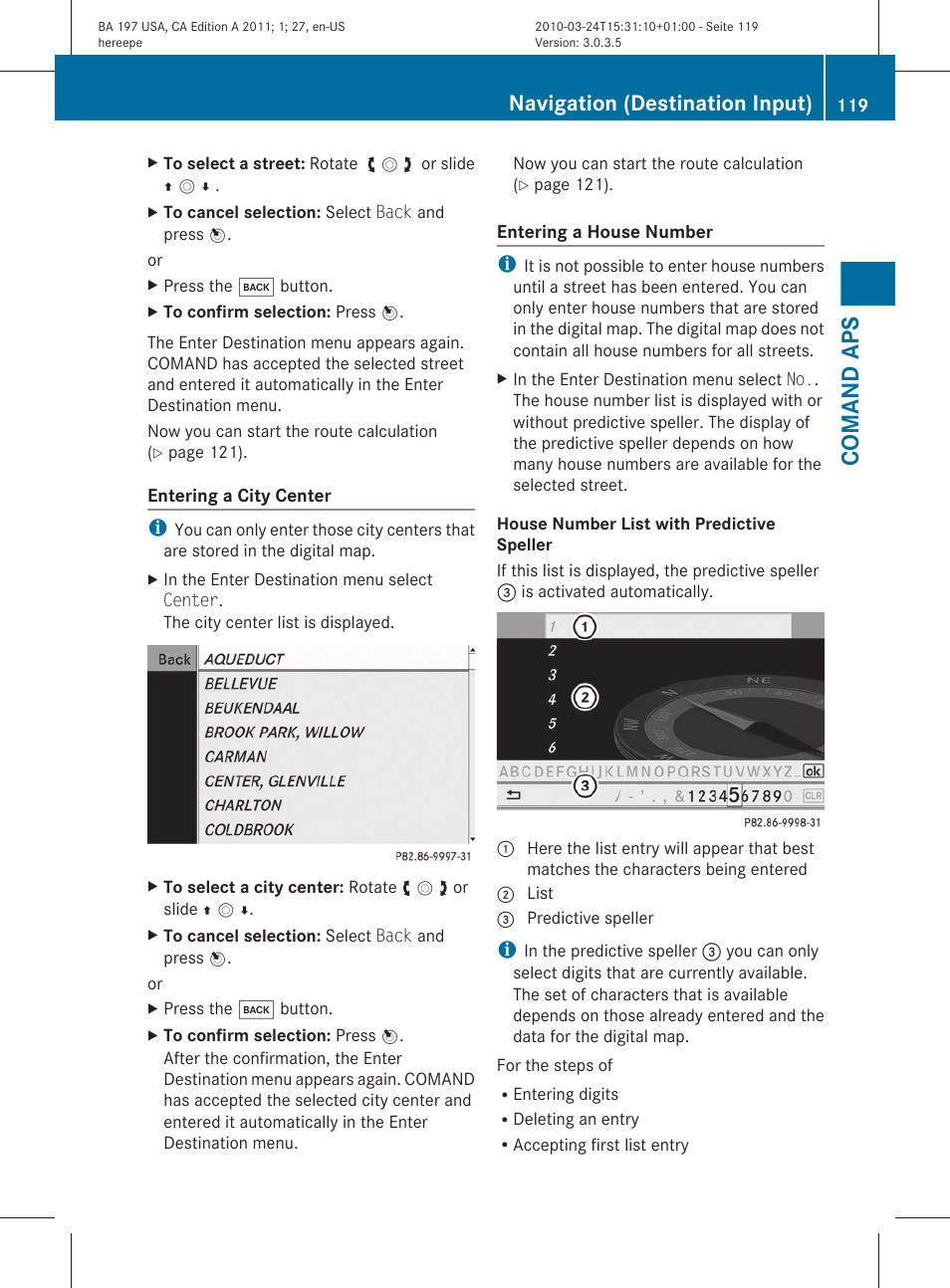 Comand aps, Navigation (destination input) | Mercedes-Benz 2011 SLS AMG User Manual | Page 121 / 436