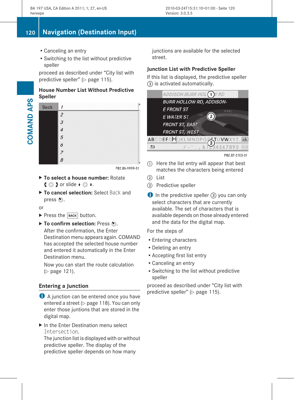 Comand aps, Navigation (destination input) | Mercedes-Benz 2011 SLS AMG User Manual | Page 122 / 436