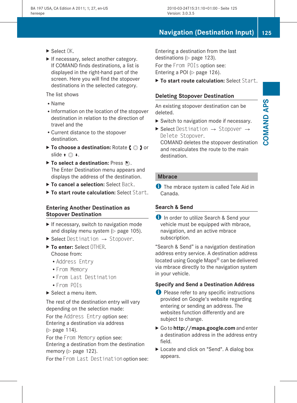 Mbrace, Comand aps, Navigation (destination input) | Mercedes-Benz 2011 SLS AMG User Manual | Page 127 / 436