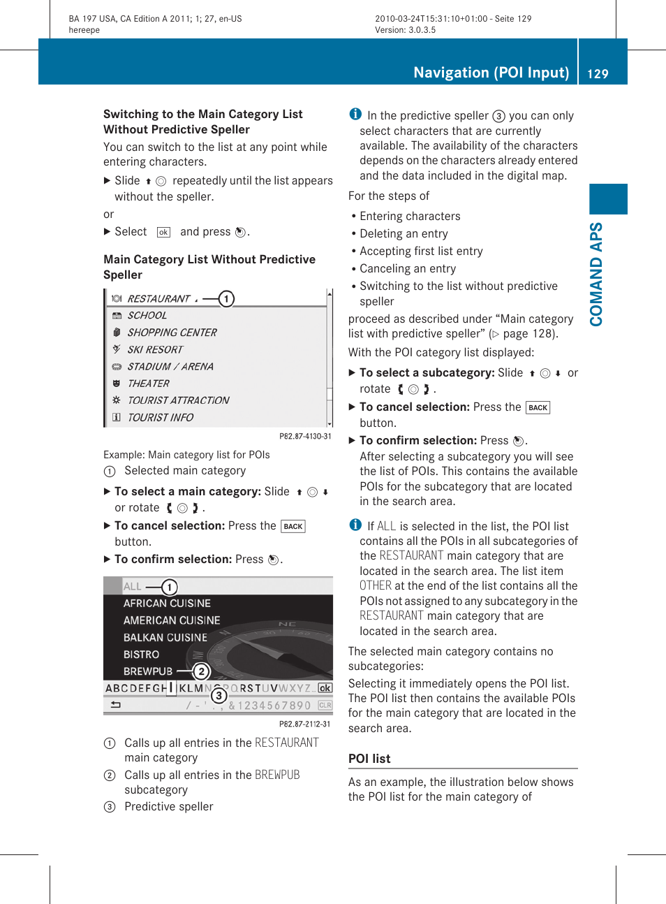 Comand aps, Navigation (poi input) | Mercedes-Benz 2011 SLS AMG User Manual | Page 131 / 436