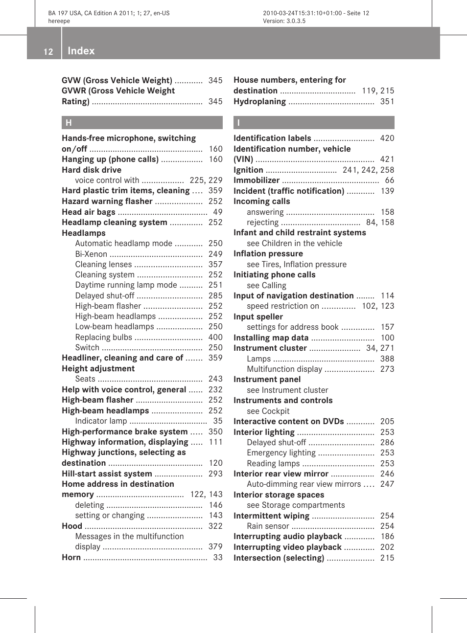 Index | Mercedes-Benz 2011 SLS AMG User Manual | Page 14 / 436