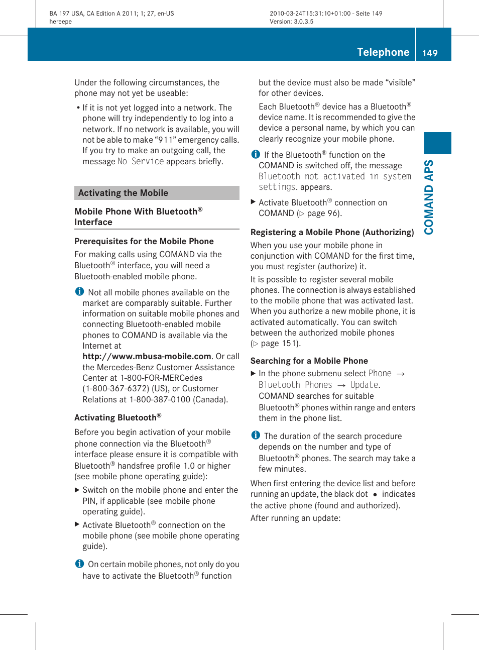 Activating the mobile, Comand aps, Telephone | Mercedes-Benz 2011 SLS AMG User Manual | Page 151 / 436