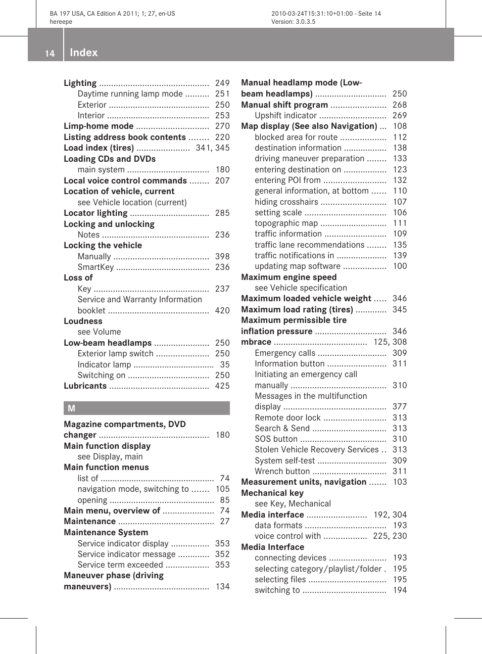 Index | Mercedes-Benz 2011 SLS AMG User Manual | Page 16 / 436