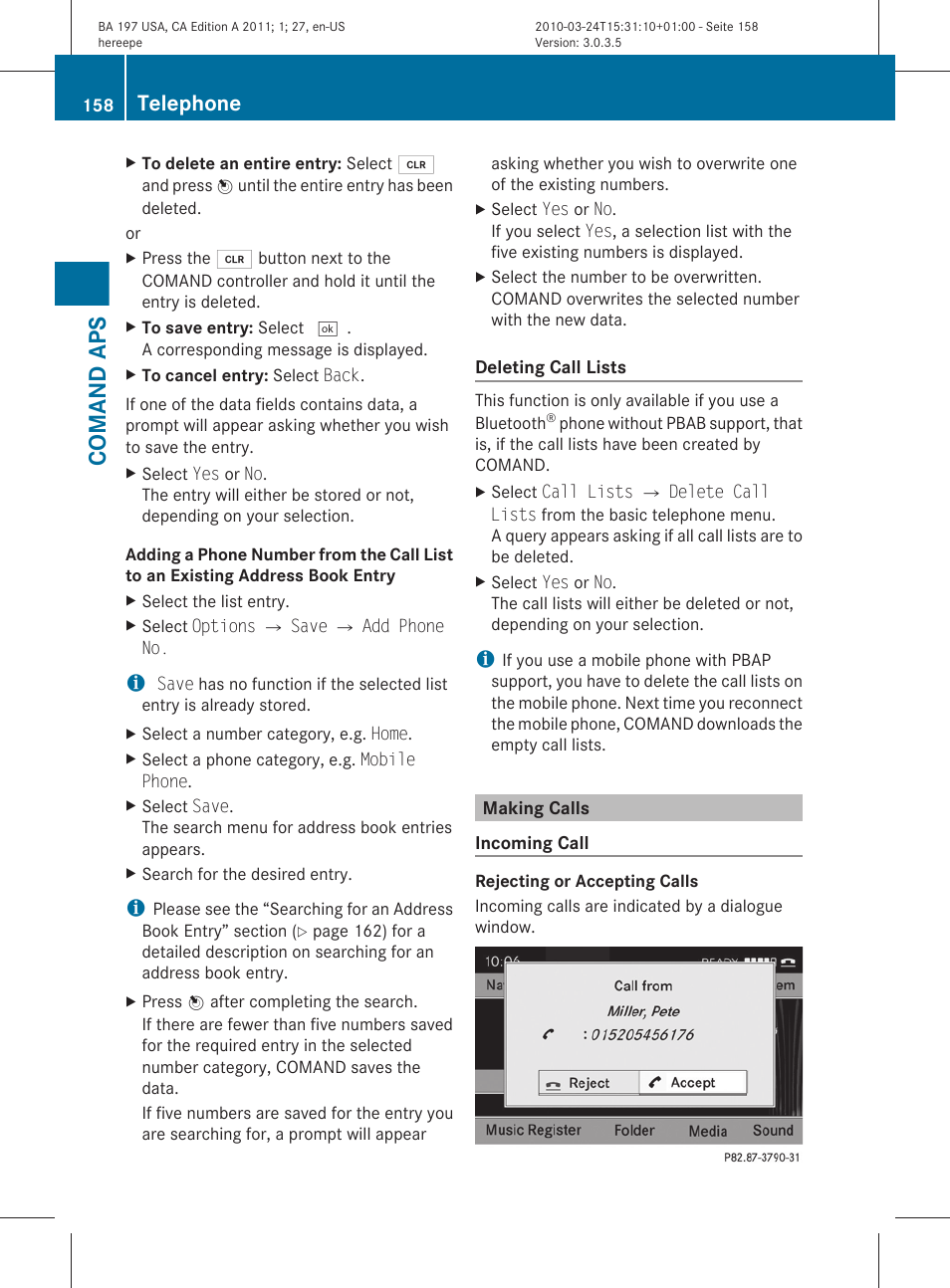 Making calls, Comand aps, Telephone | Mercedes-Benz 2011 SLS AMG User Manual | Page 160 / 436