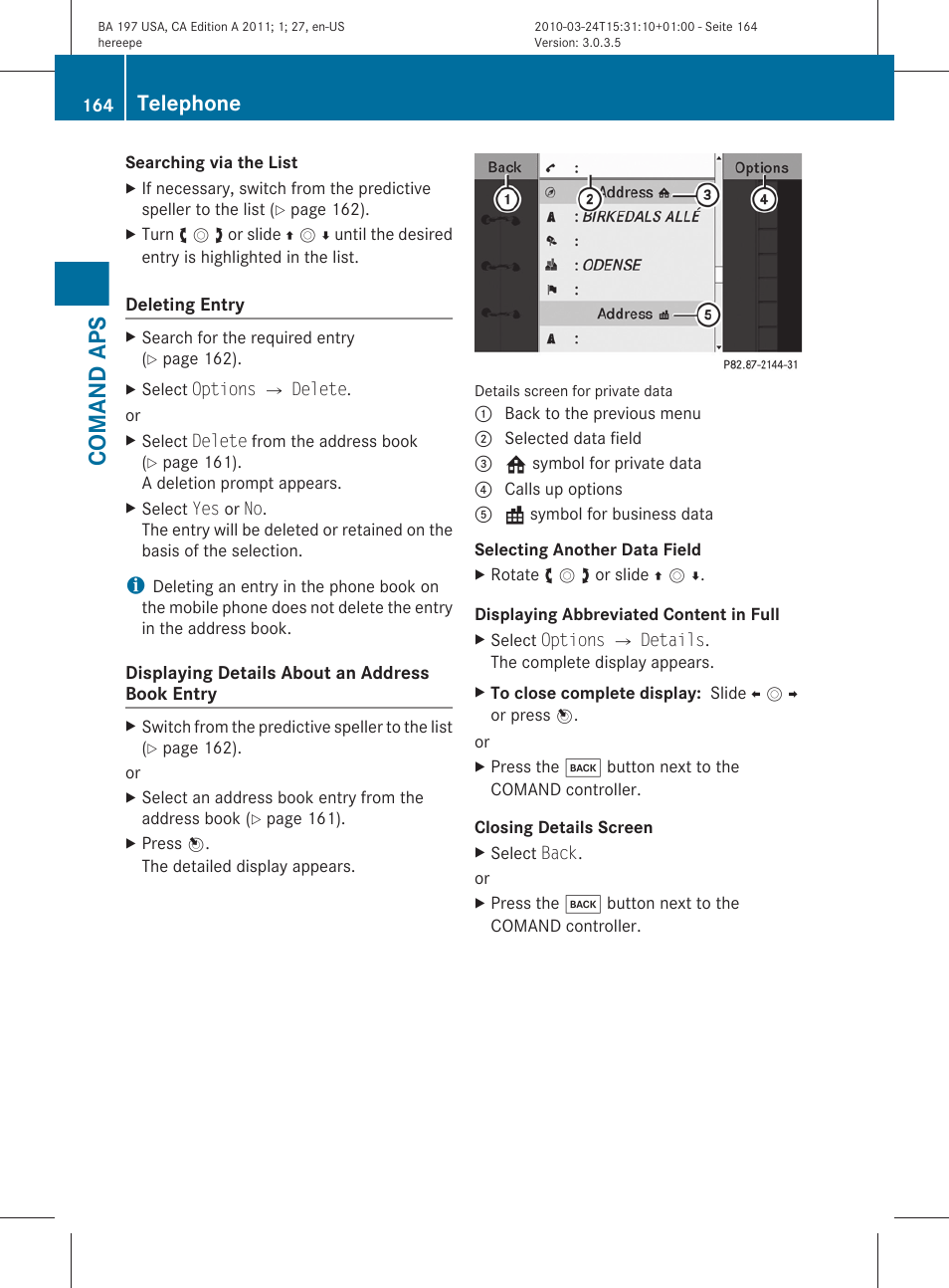 Comand aps, Telephone | Mercedes-Benz 2011 SLS AMG User Manual | Page 166 / 436