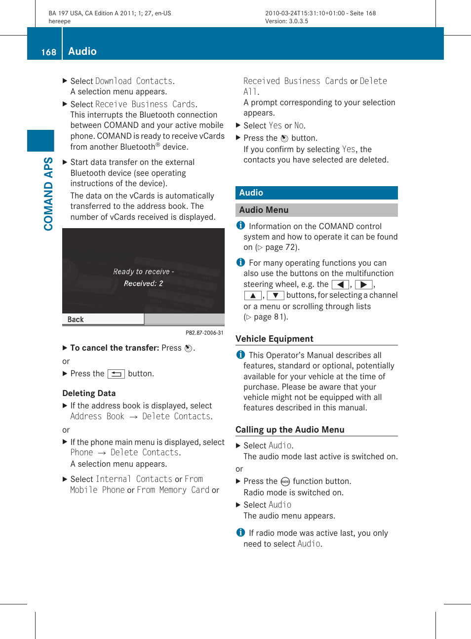 Audio, Audio menu, Comand aps | Mercedes-Benz 2011 SLS AMG User Manual | Page 170 / 436