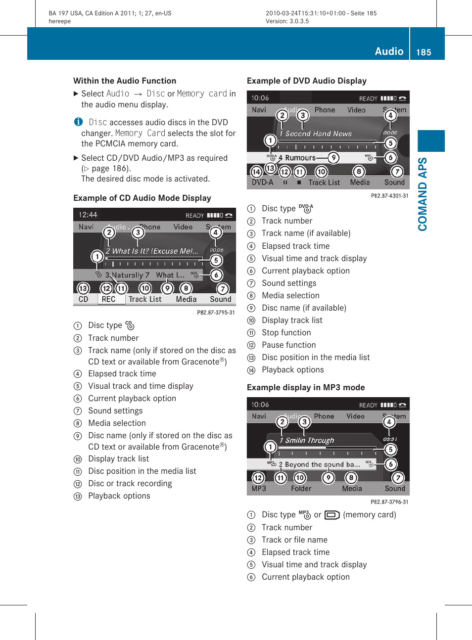 Comand aps, Audio | Mercedes-Benz 2011 SLS AMG User Manual | Page 187 / 436