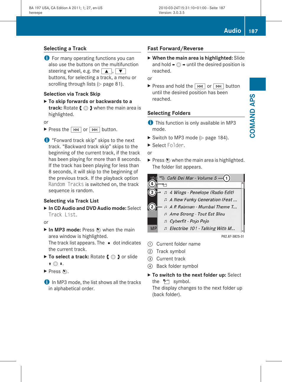 Comand aps, Audio | Mercedes-Benz 2011 SLS AMG User Manual | Page 189 / 436