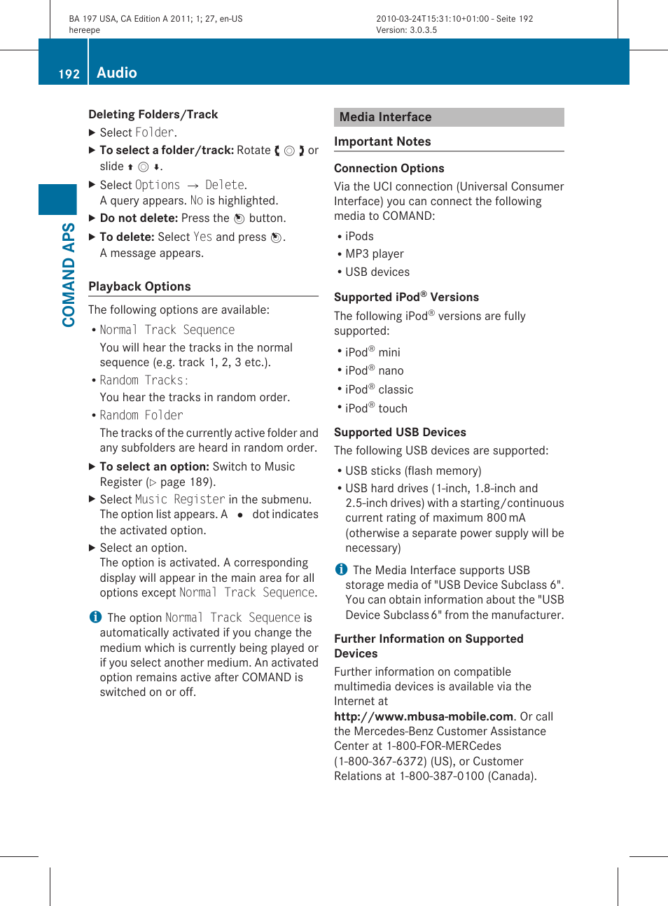 Media interface, Comand aps, Audio | Mercedes-Benz 2011 SLS AMG User Manual | Page 194 / 436
