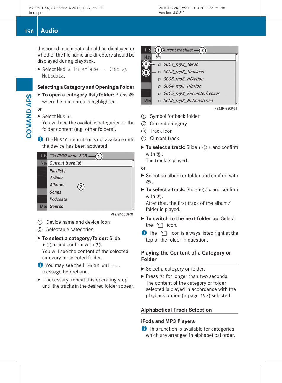 Comand aps, Audio | Mercedes-Benz 2011 SLS AMG User Manual | Page 198 / 436