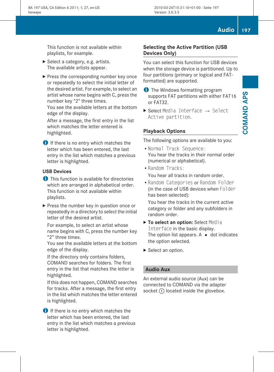 Audio aux, Aux mode, Comand aps | Audio | Mercedes-Benz 2011 SLS AMG User Manual | Page 199 / 436