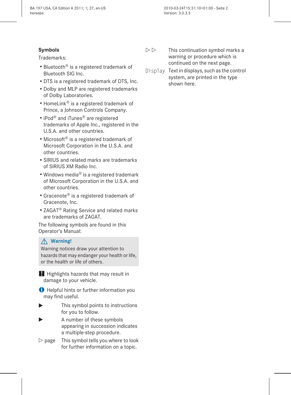 Mercedes-Benz 2011 SLS AMG User Manual | Page 2 / 436