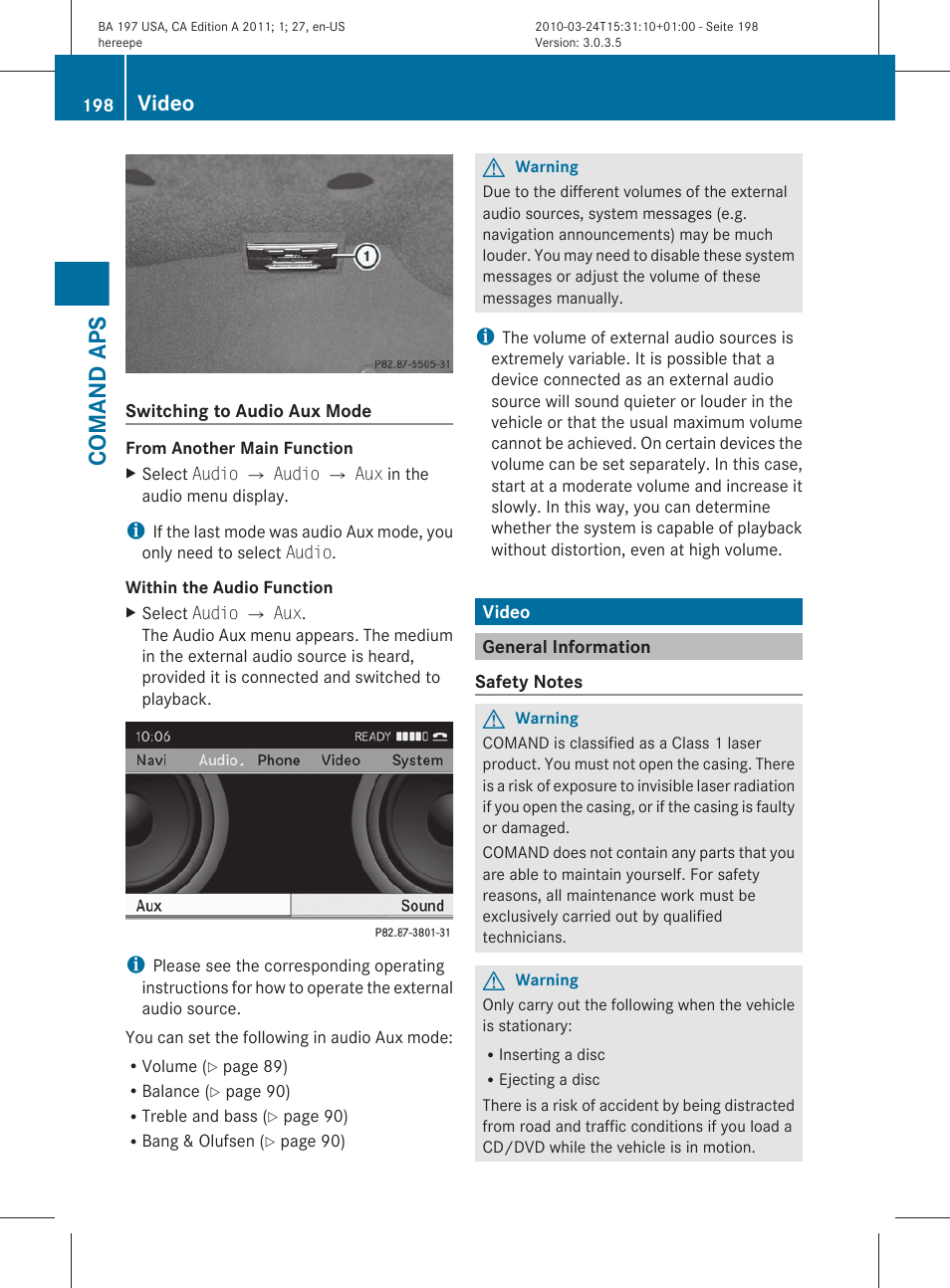 Video, General information, Comand aps | Mercedes-Benz 2011 SLS AMG User Manual | Page 200 / 436