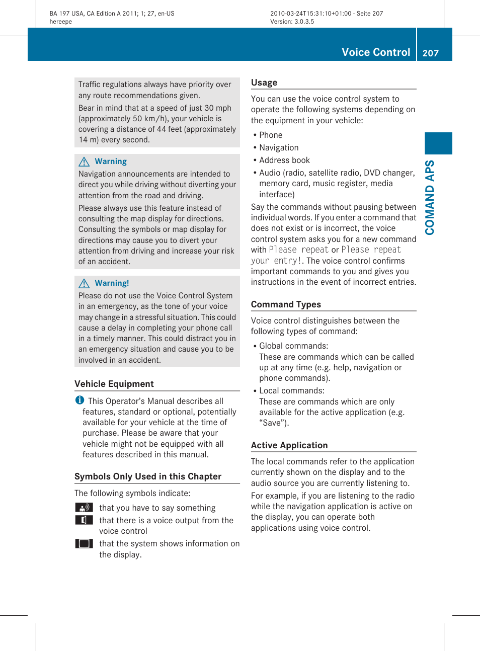 Comand aps, Voice control | Mercedes-Benz 2011 SLS AMG User Manual | Page 209 / 436