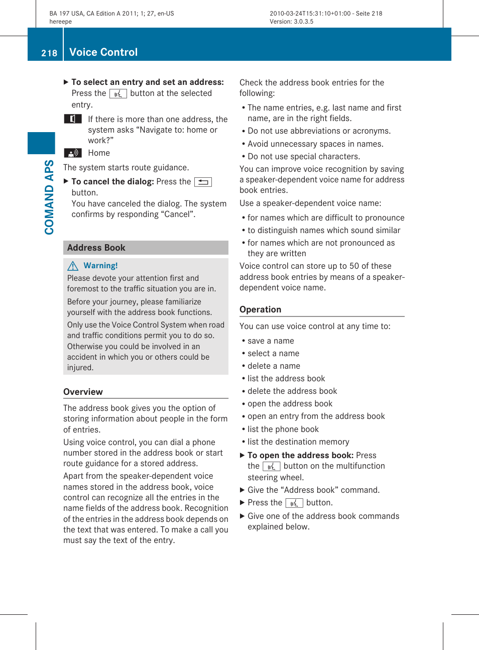 Address book, Comand aps, Voice control | Mercedes-Benz 2011 SLS AMG User Manual | Page 220 / 436