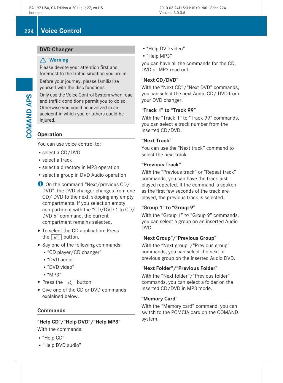 Dvd changer, Comand aps, Voice control | Mercedes-Benz 2011 SLS AMG User Manual | Page 226 / 436